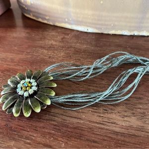 90’s Enamel flower pendant green cords necklace